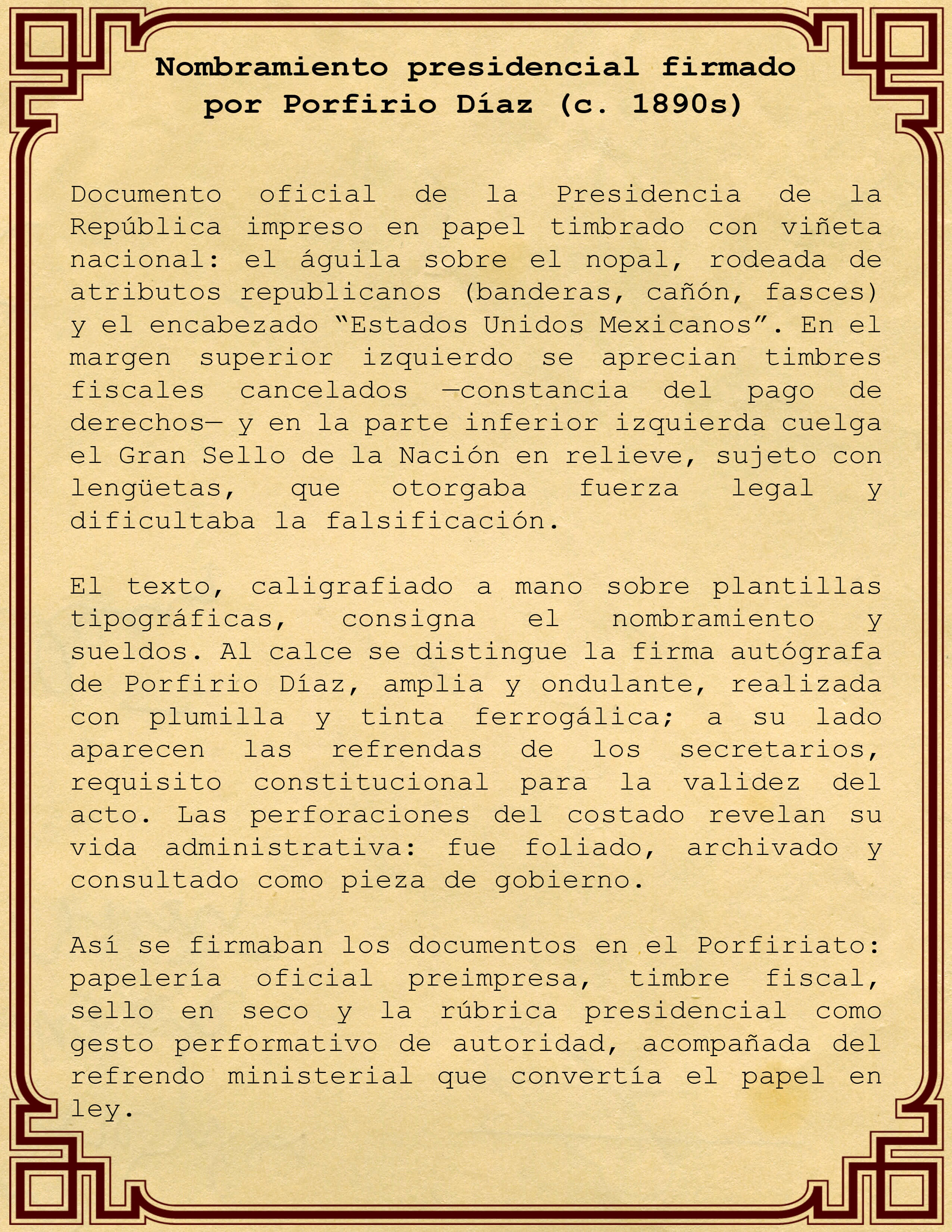 Nombramiento presidencial firmado por Porfirio Díaz (c. 1890s)